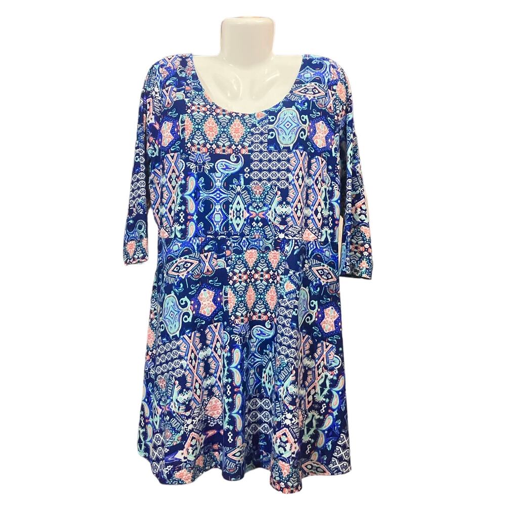 Derek Heart Womens Blue Paisley 3/4 Sleeve Crochet Back Shift Dress Casual SZ 2X